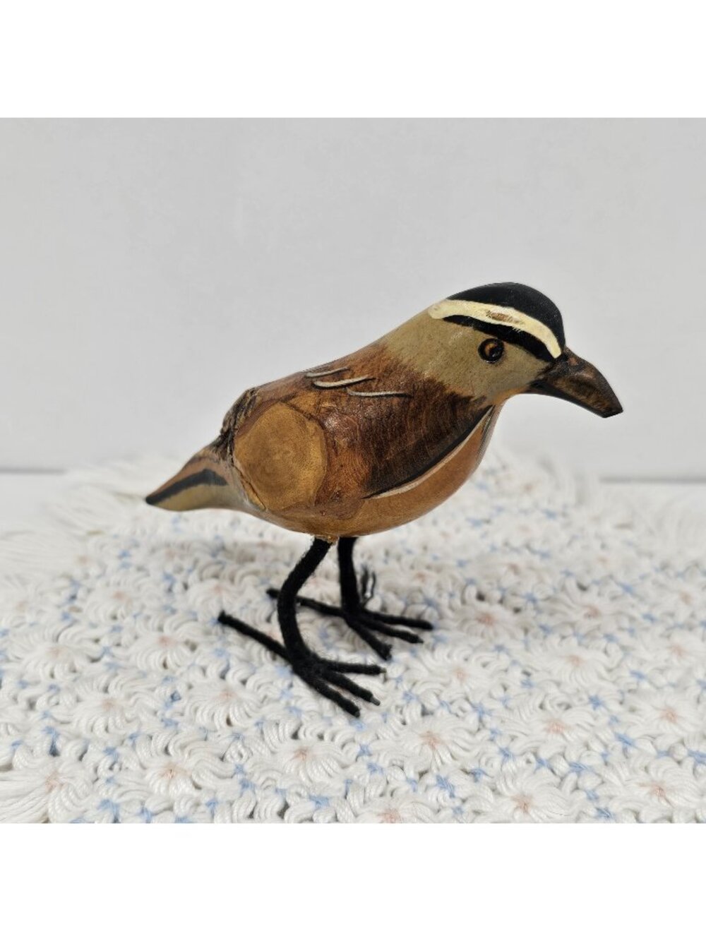 Vintage Folk Art Hand Carved Wooden Bird Figurine Songbird Yarn Wrapped Wire...